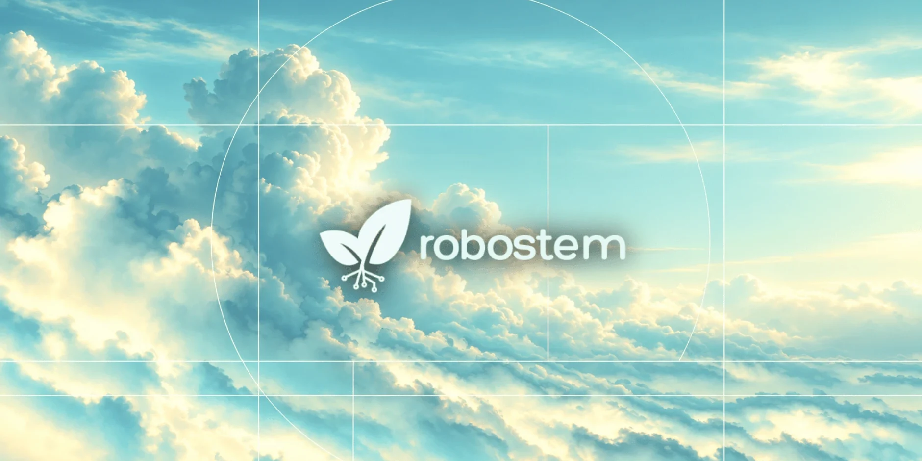 Sunlit clouds seen from above, with the RoboSTEM logo and fine construction lines drawn over them